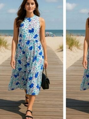 Oliphant Cotton Silk Blue White Petit Fleur Floral Tiered Midi Dress Sz S